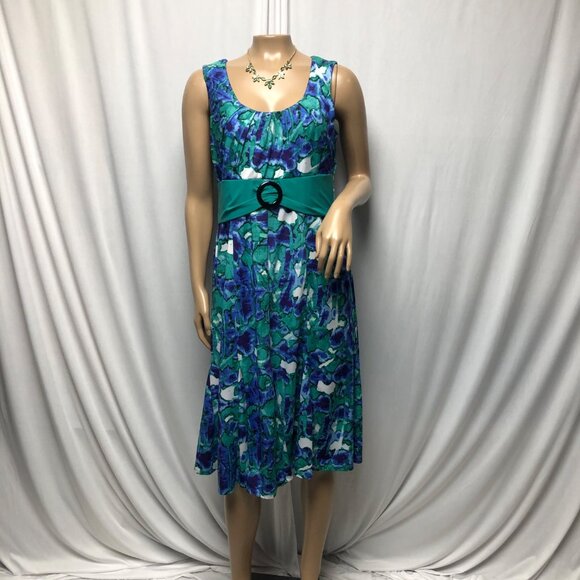 Perceptions New York Dress Womens Sz Medium Blue Green Sleeveless Floral Stretch - Picture 1 of 9